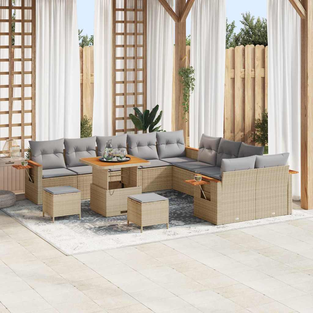 Gartensofa-set mit Kissen 17 pcs Beige und Hellgrau Poly-Rattan