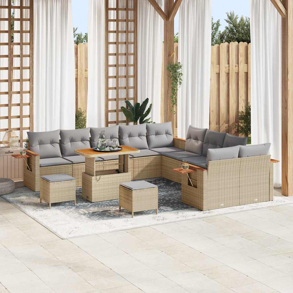 Gartensofa-set mit Kissen 17 pcs Beige und Hellgrau Poly-Rattan