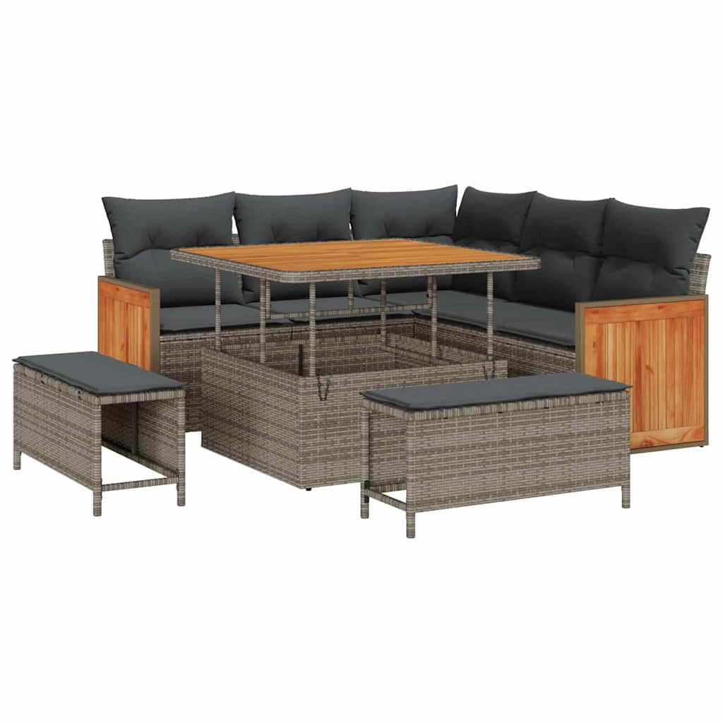 Gartensofa-set mit Kissen 9 pcs Grau Poly-Rattan