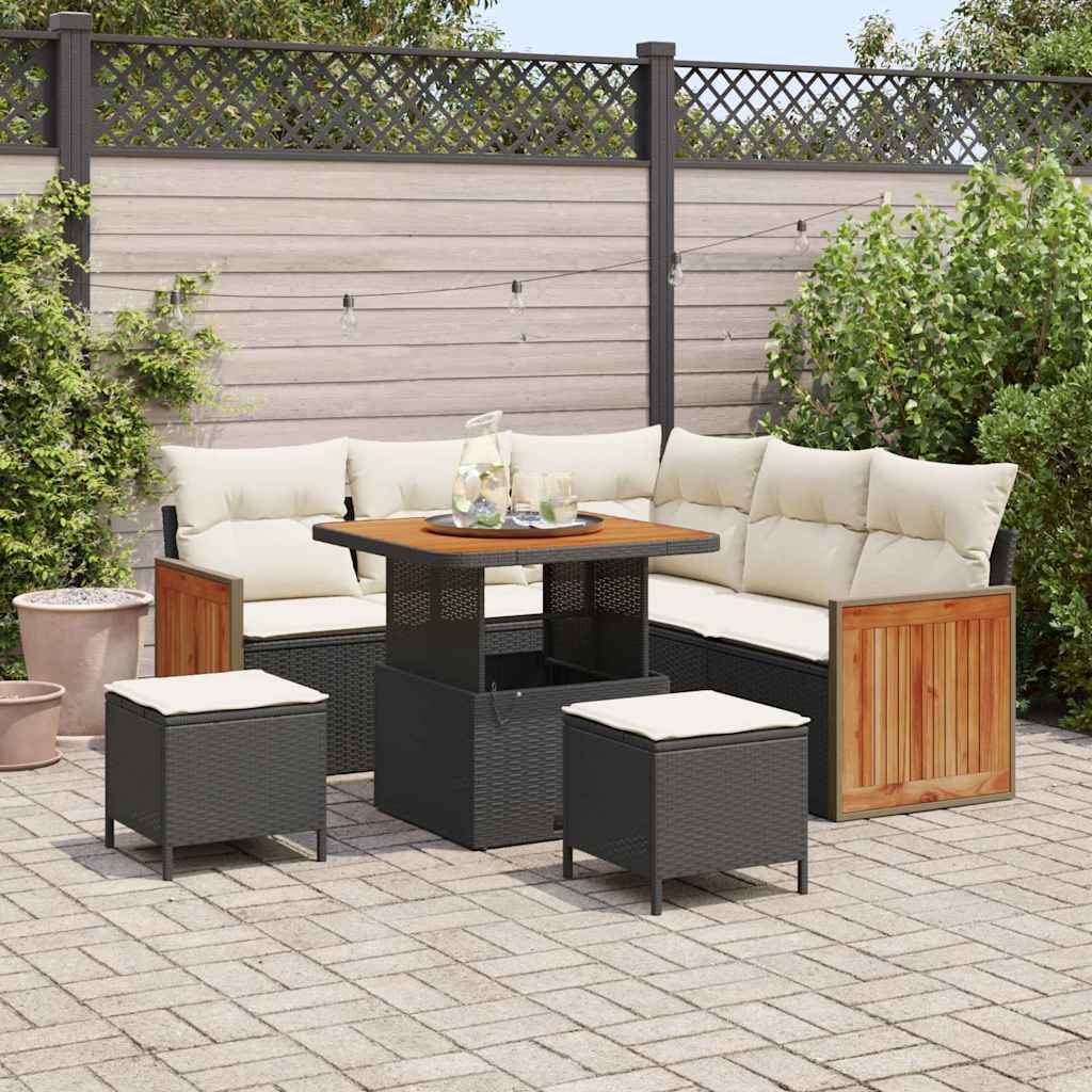 Gartensofa-set mit Kissen 9 pcs Schwarz und Creme Poly-Rattan