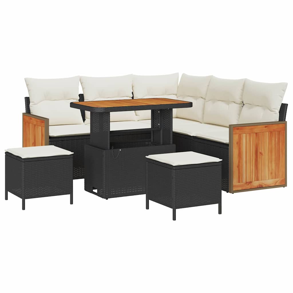 Gartensofa-set mit Kissen 9 pcs Schwarz und Creme Poly-Rattan
