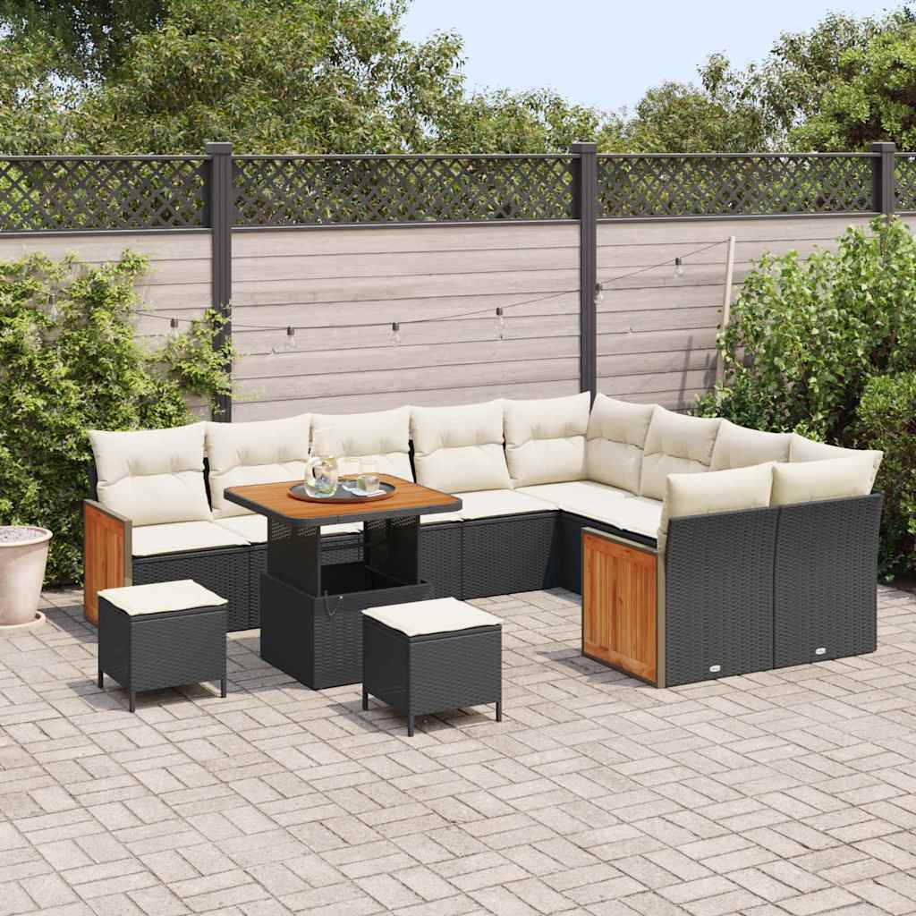 Gartensofa-set mit Kissen 13 pcs Schwarz und Creme Poly-Rattan