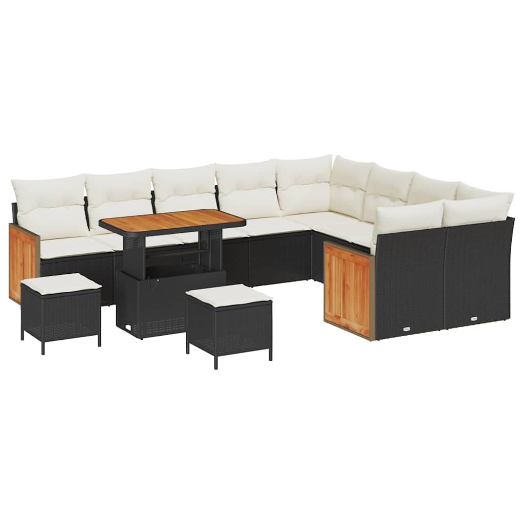 Gartensofa-set mit Kissen 13 pcs Schwarz und Creme Poly-Rattan