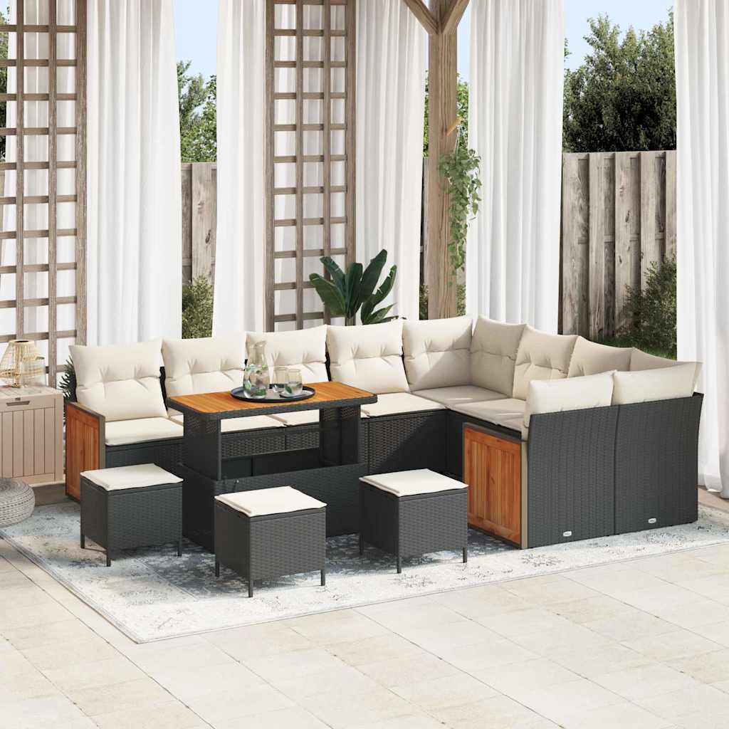 Gartensofa-set mit Kissen 14 pcs Schwarz und Creme Poly-Rattan