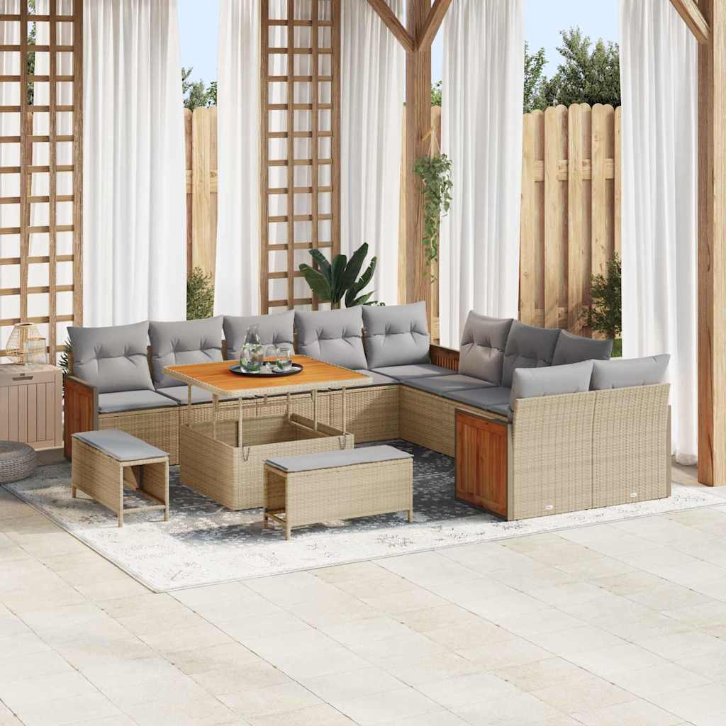 Gartensofa-set mit Kissen 17 pcs Beige und Hellgrau Poly-Rattan