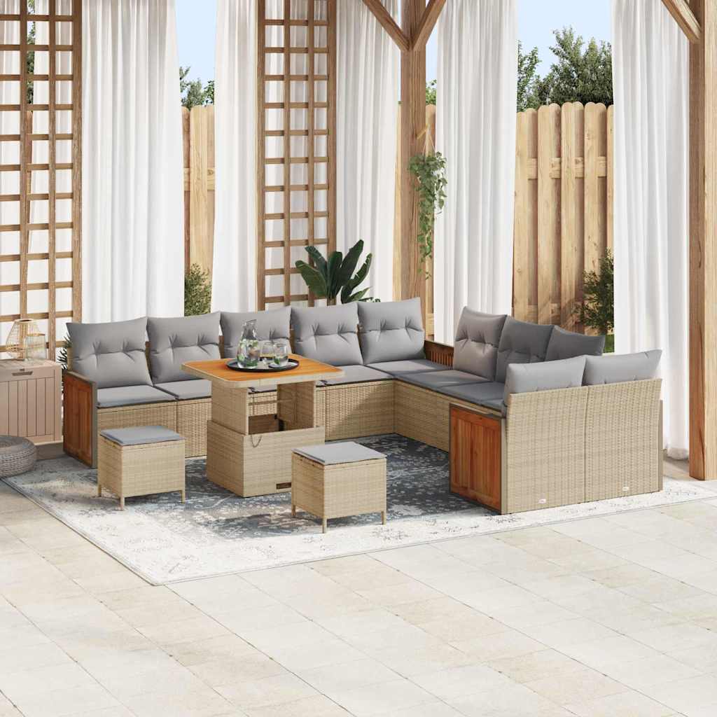 Gartensofa-set mit Kissen 17 pcs Beige und Hellgrau Poly-Rattan