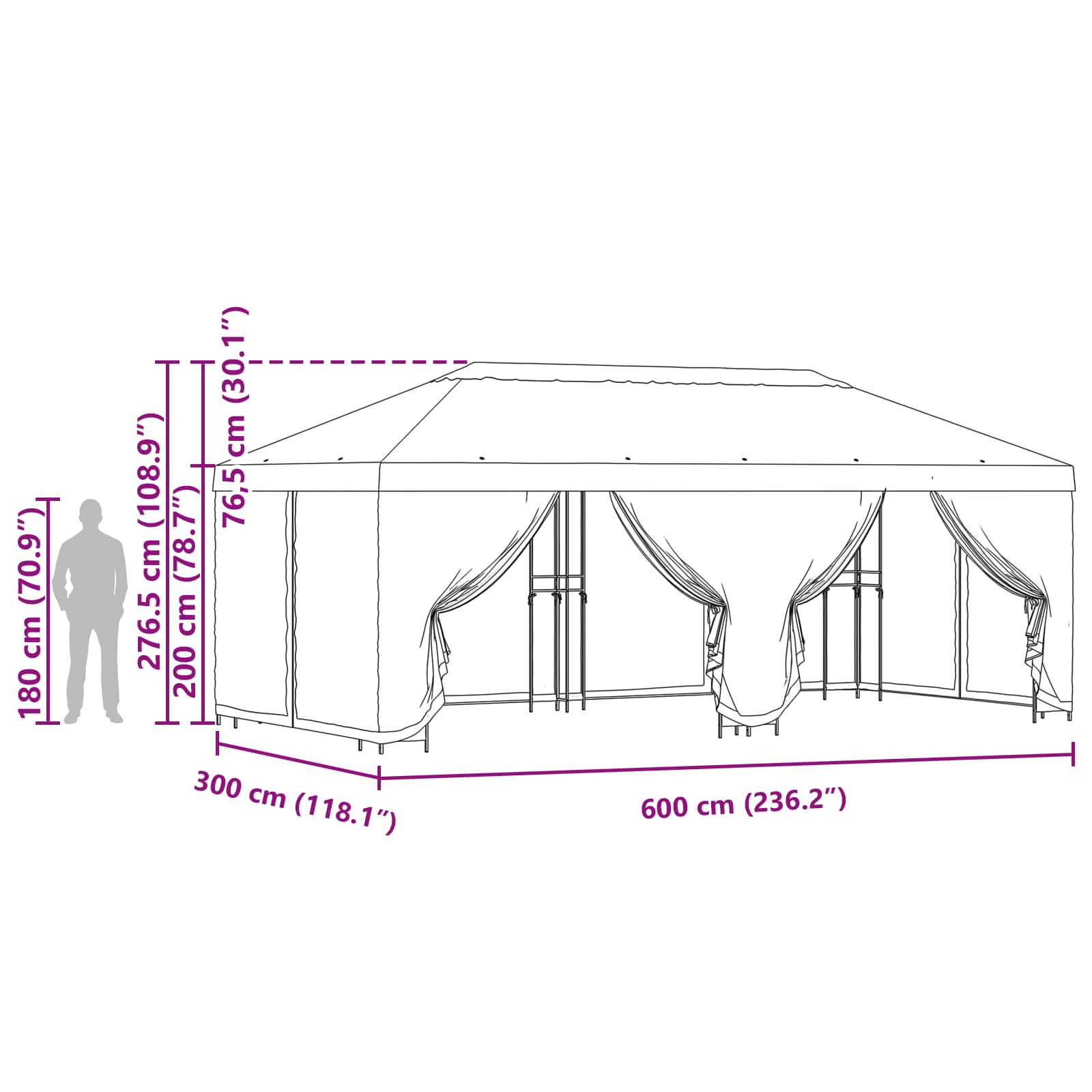 Pavillon mit Seitenwänden 6 x 3 m Anthrazit Polyester und Stahl