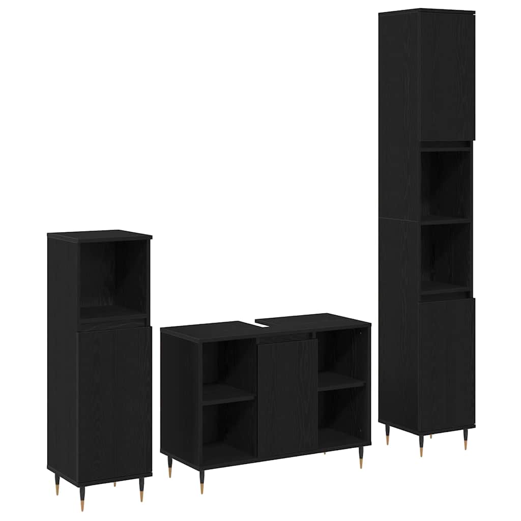 Badezimmermöbel-Set 3 pcs Schwarz Eichen-Optik Holzwerkstoff
