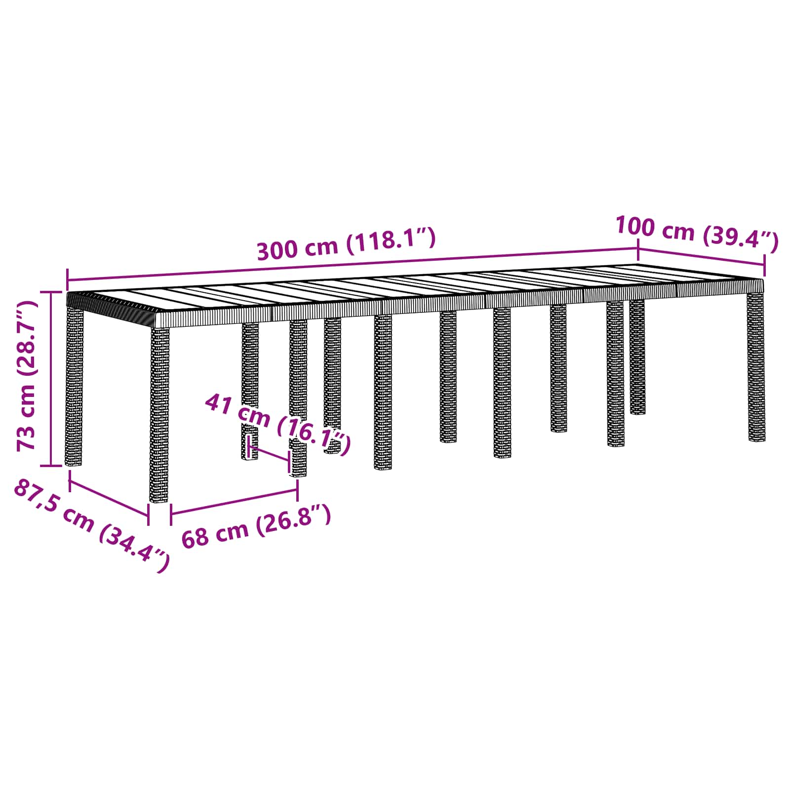 Gartentisch Braun 300 x 100 x 73 cm Poly-Rattan
