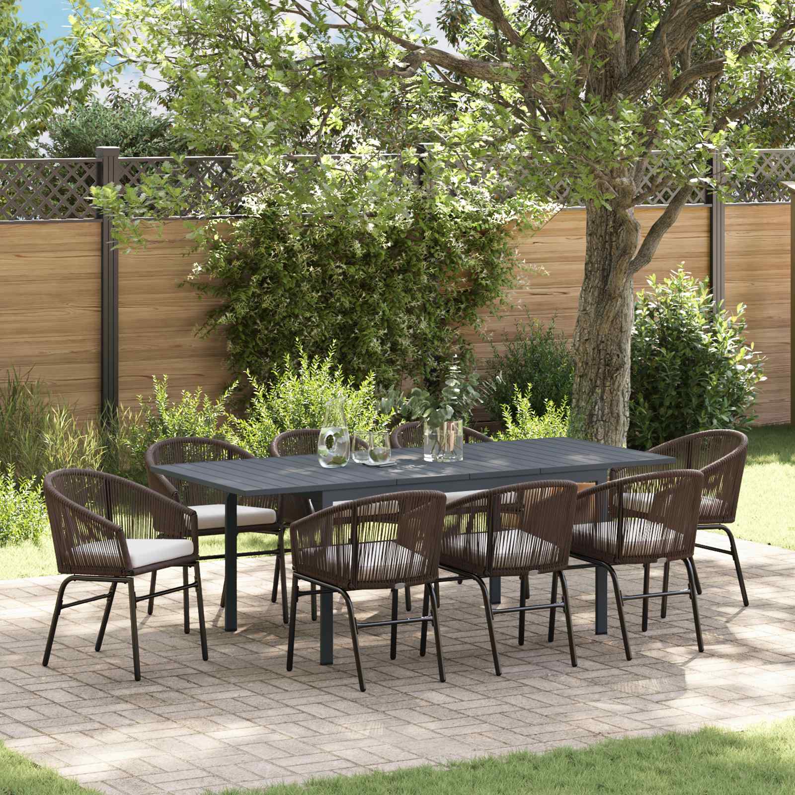 Garten Essgruppe 9 pcs Braun Poly-Rattan