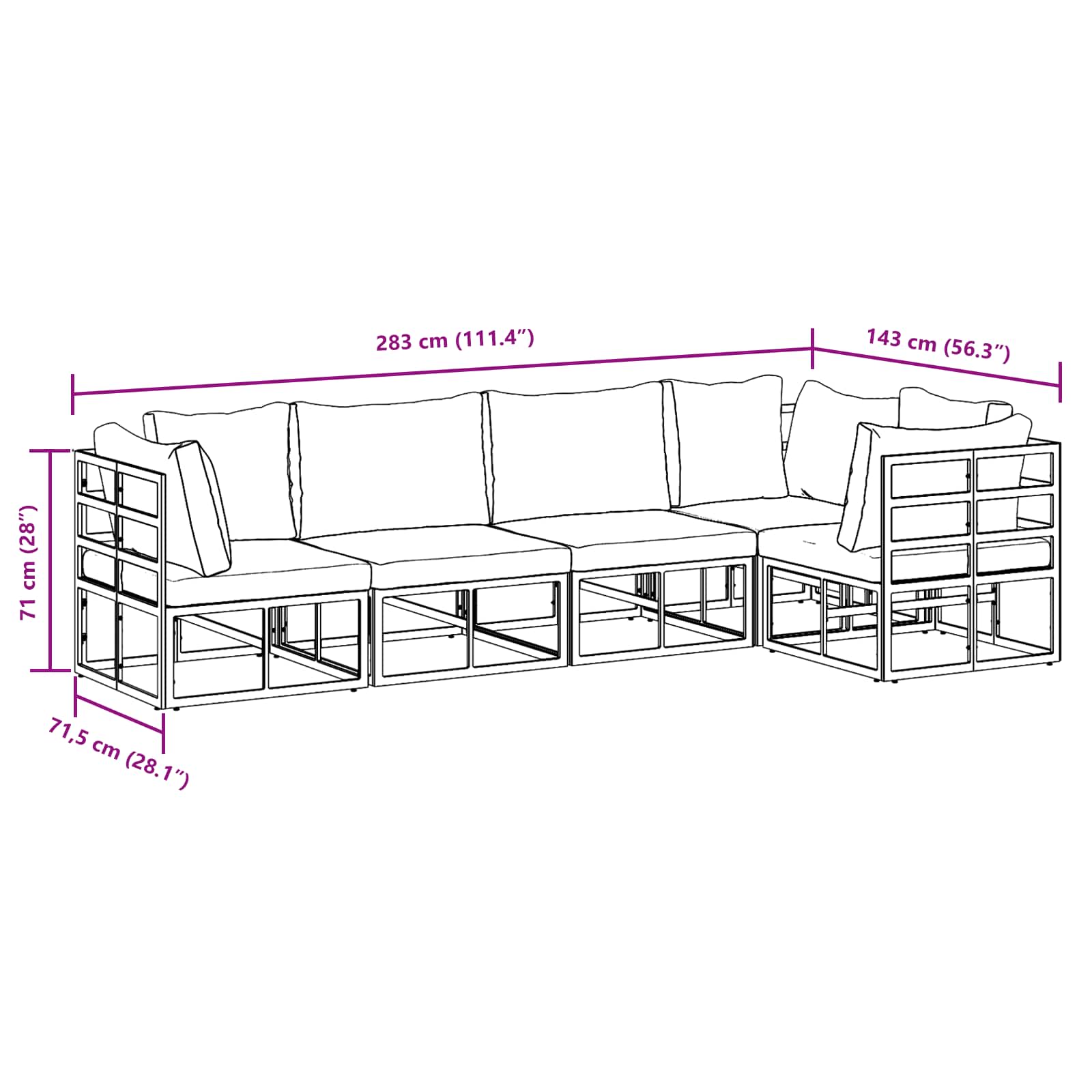 Gartensofa-set mit Kissen 5 pcs Schwarz Aluminium
