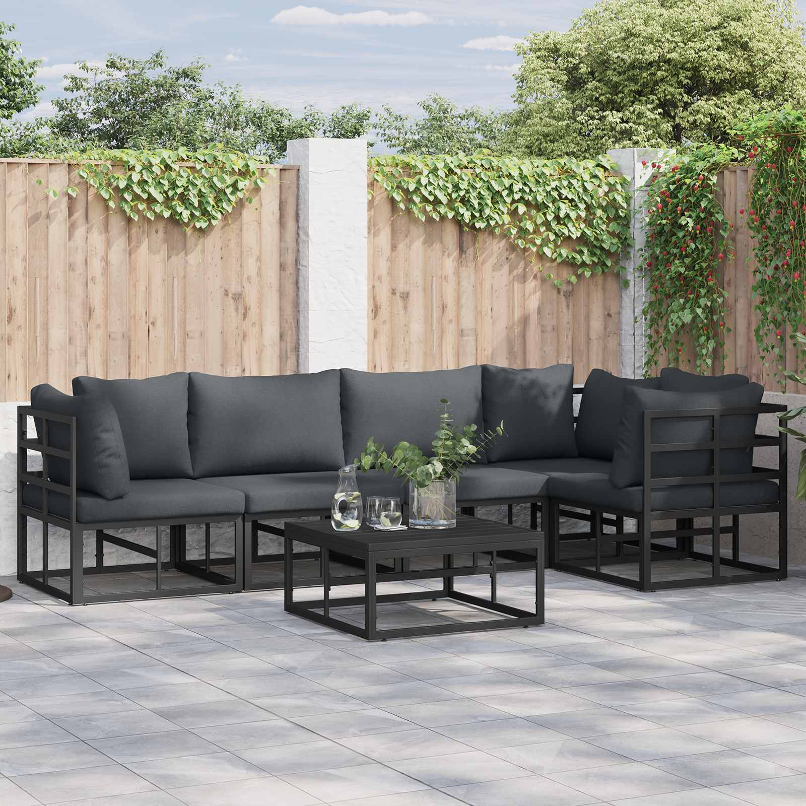 Gartensofa-set mit Kissen 6 pcs Schwarz Aluminium