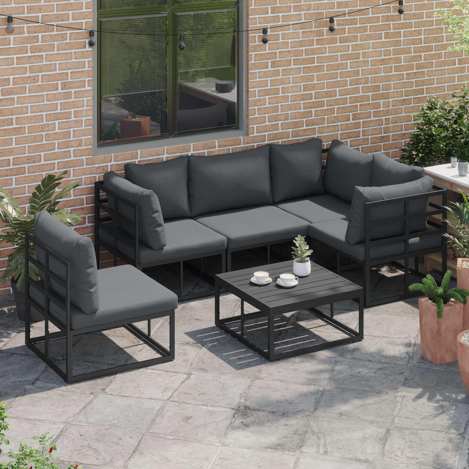 Gartensofa-set mit Kissen 6 pcs Schwarz Aluminium