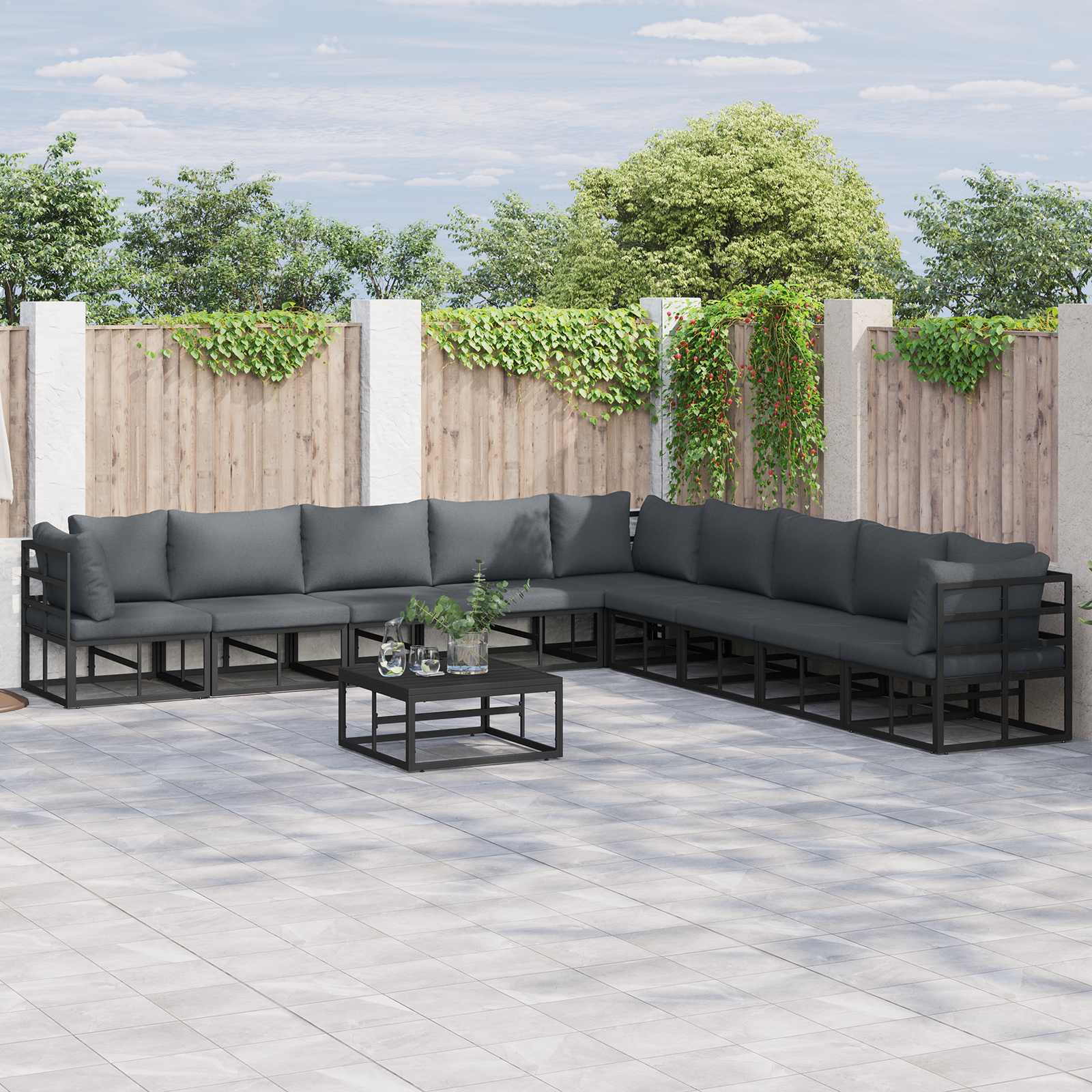 Gartensofa-set mit Kissen 10 pcs Schwarz Aluminium