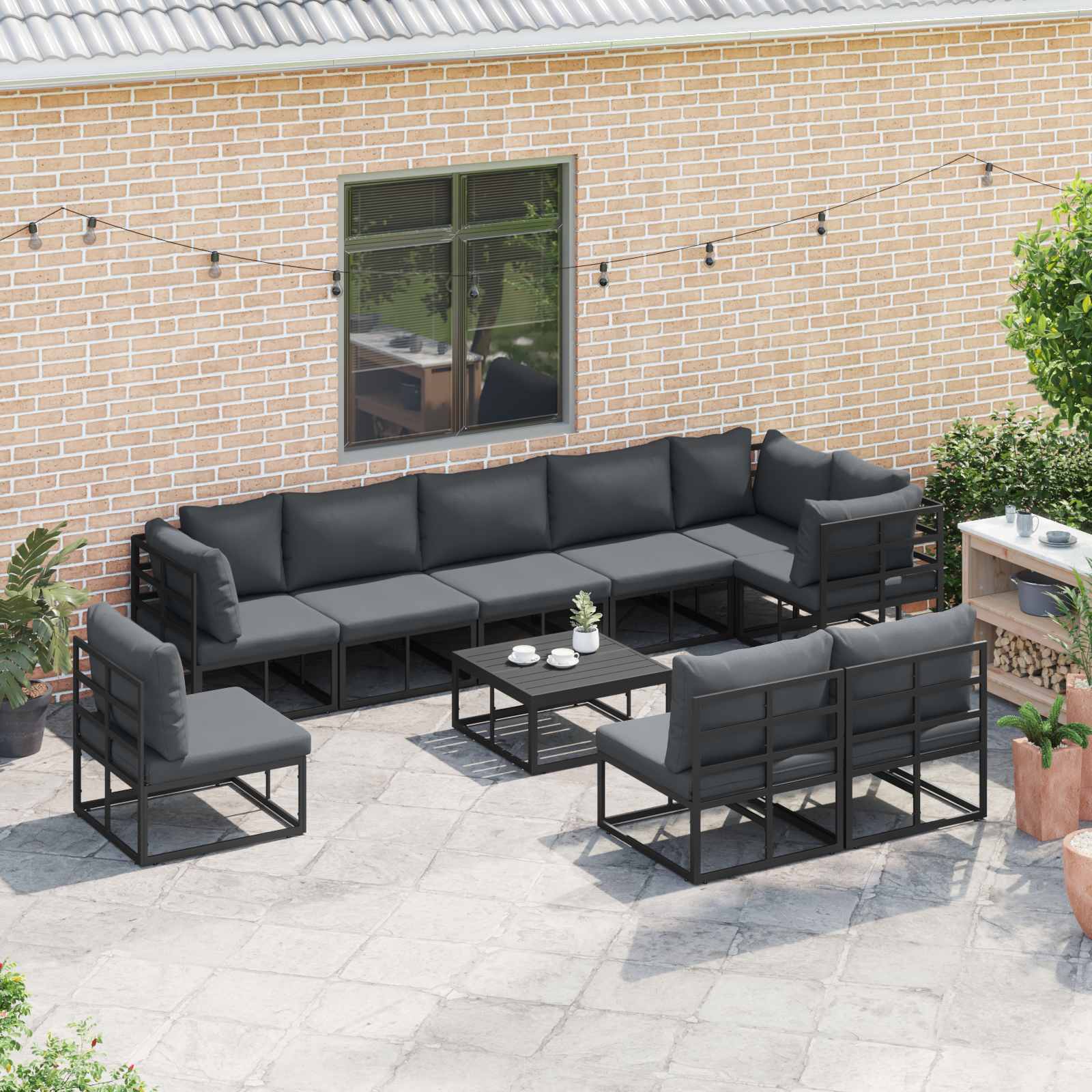 Gartensofa-set mit Kissen 10 pcs Schwarz Aluminium