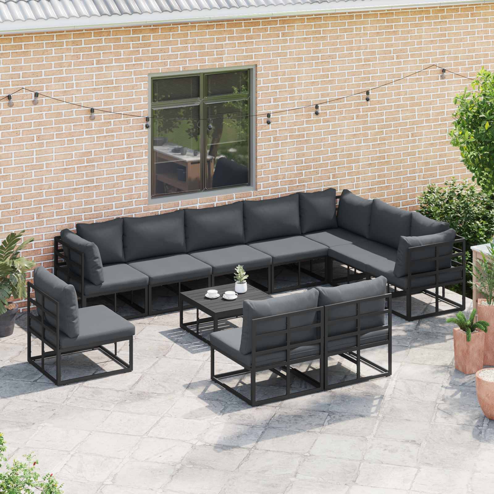 Gartensofa-set mit Kissen 11 pcs Schwarz Aluminium
