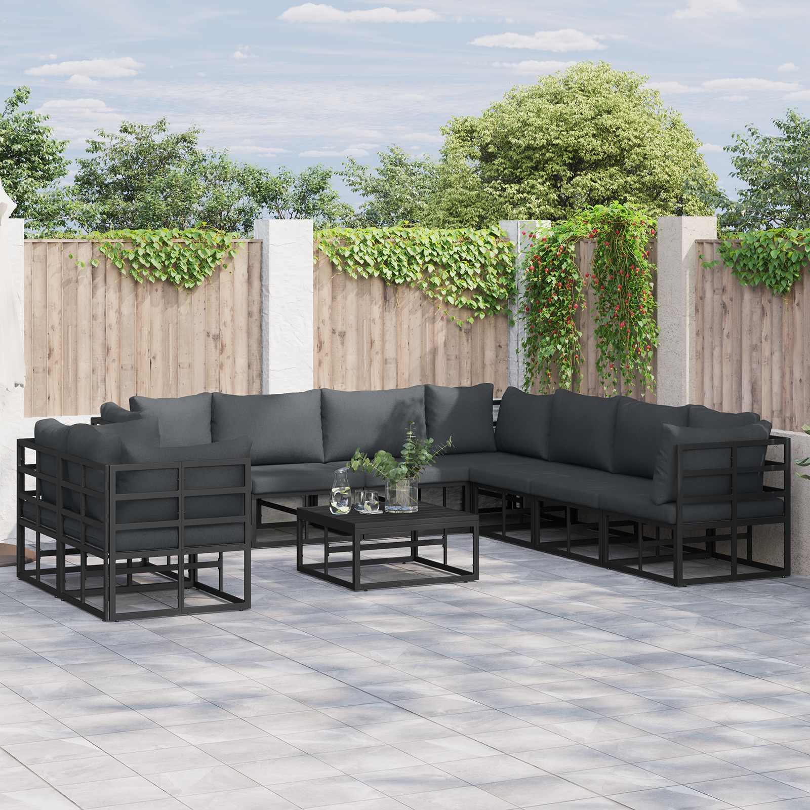 Gartensofa-set mit Kissen 10 pcs Schwarz Aluminium