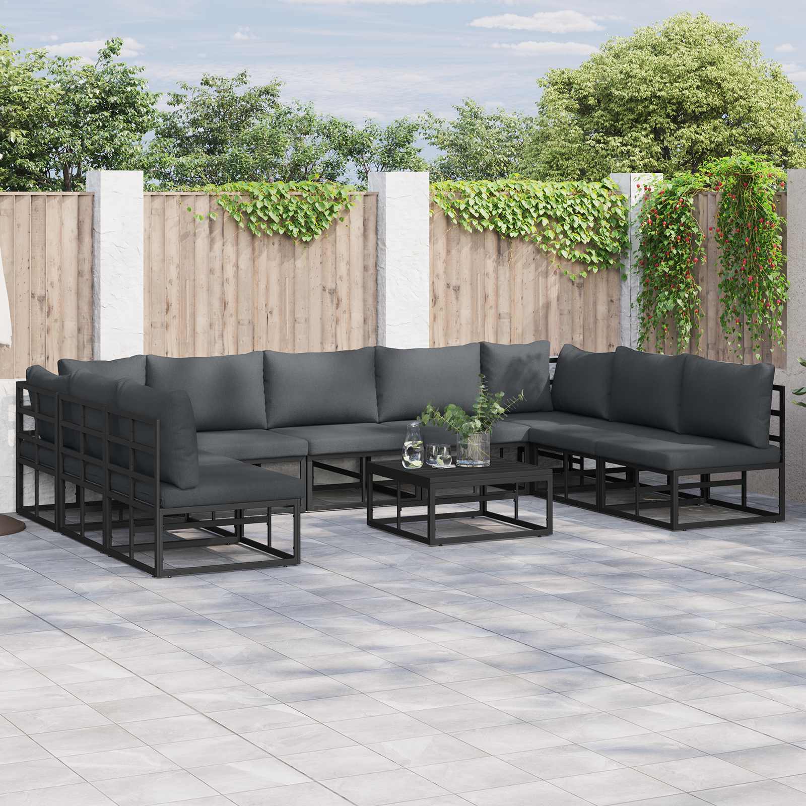 Gartensofa-set mit Kissen 9 pcs Schwarz Aluminium
