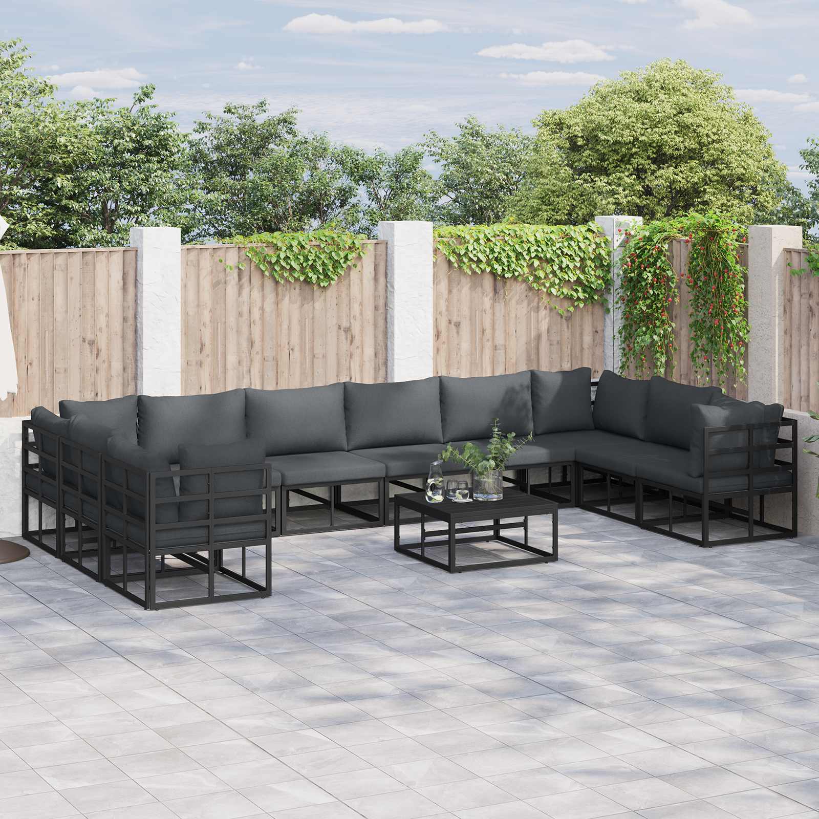 Gartensofa-set mit Kissen 11 pcs Schwarz Aluminium