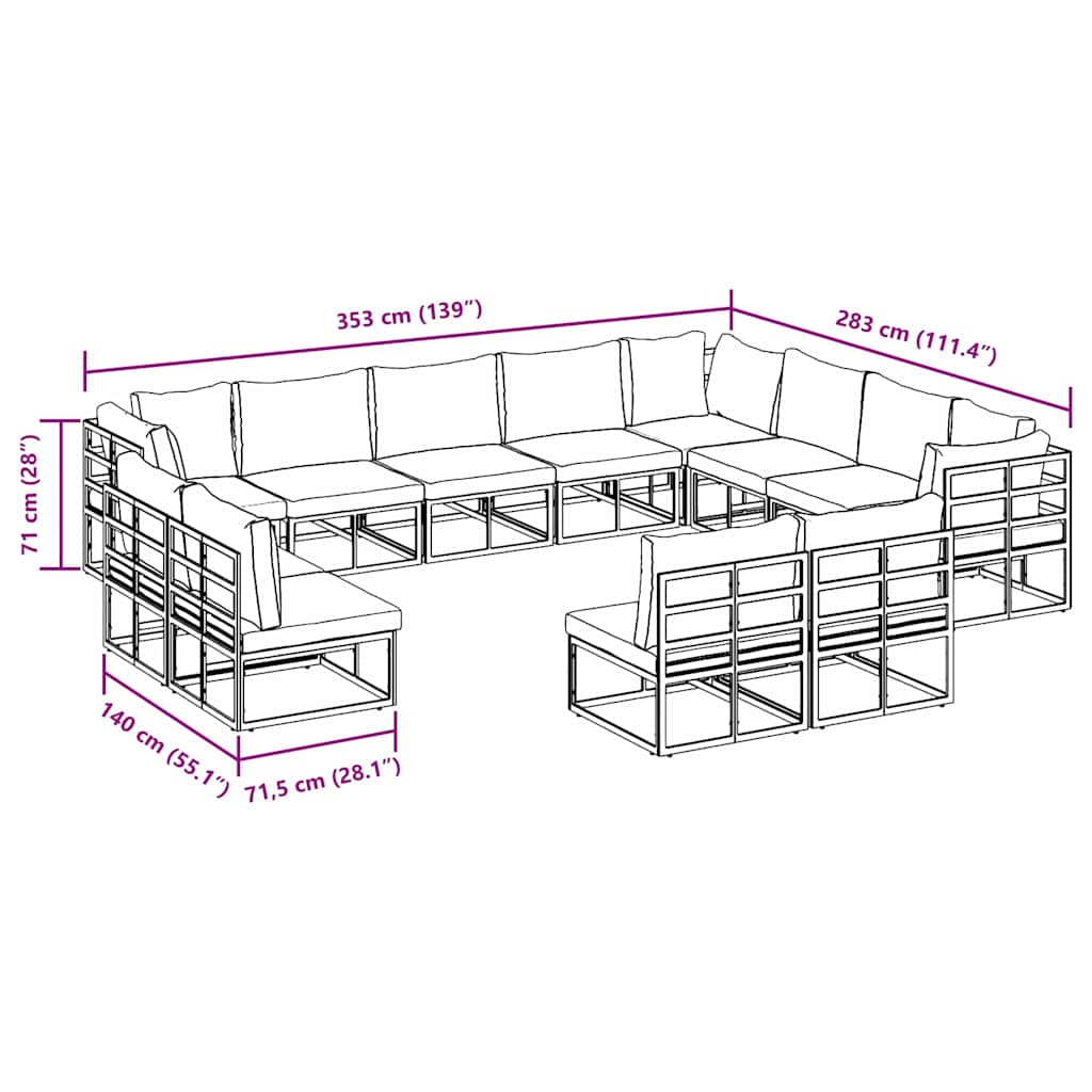 Gartensofa-set mit Kissen 12 pcs Schwarz Aluminium