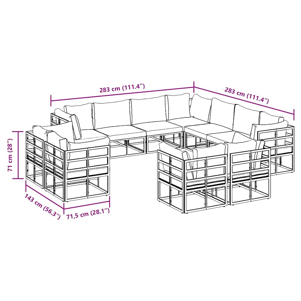 Gartensofa-set mit Kissen 11 pcs Schwarz Aluminium