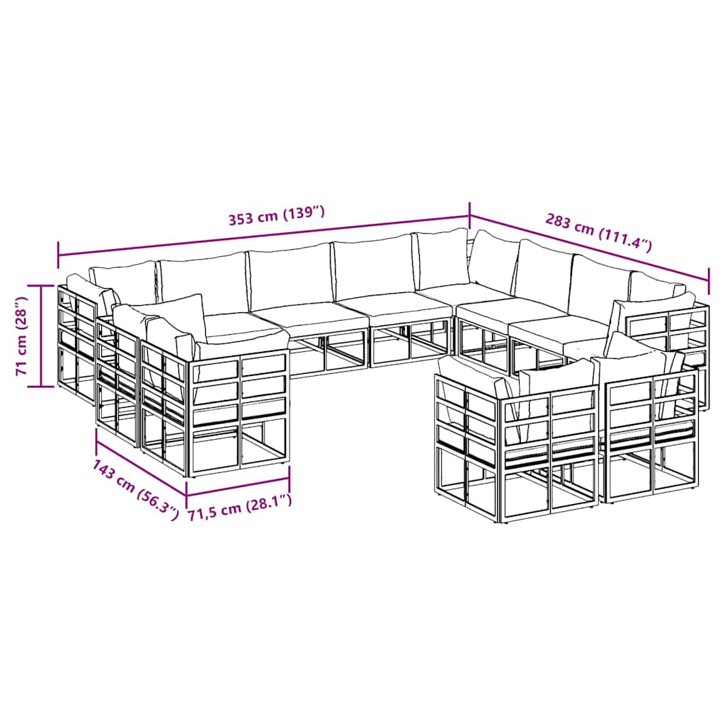 Gartensofa-set mit Kissen 12 pcs Schwarz Aluminium