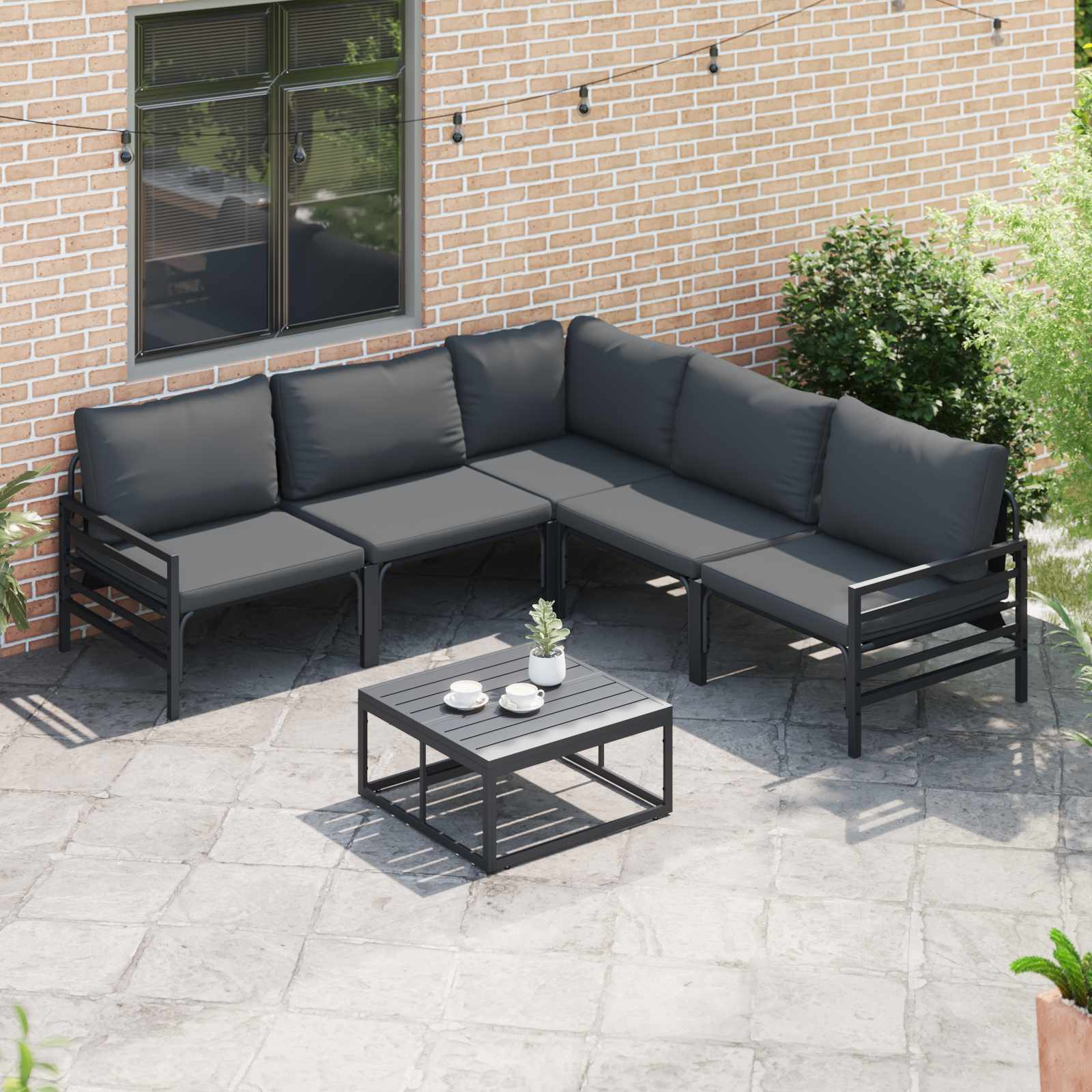 Gartensofa-set mit Kissen 6 pcs Schwarz Stahl