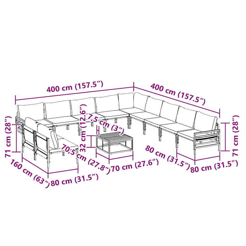 Gartensofa-set mit Kissen 12 pcs Schwarz Stahl