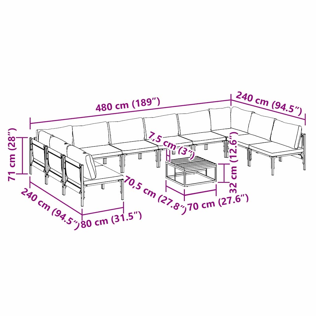 Gartensofa-set mit Kissen 11 pcs Schwarz Stahl