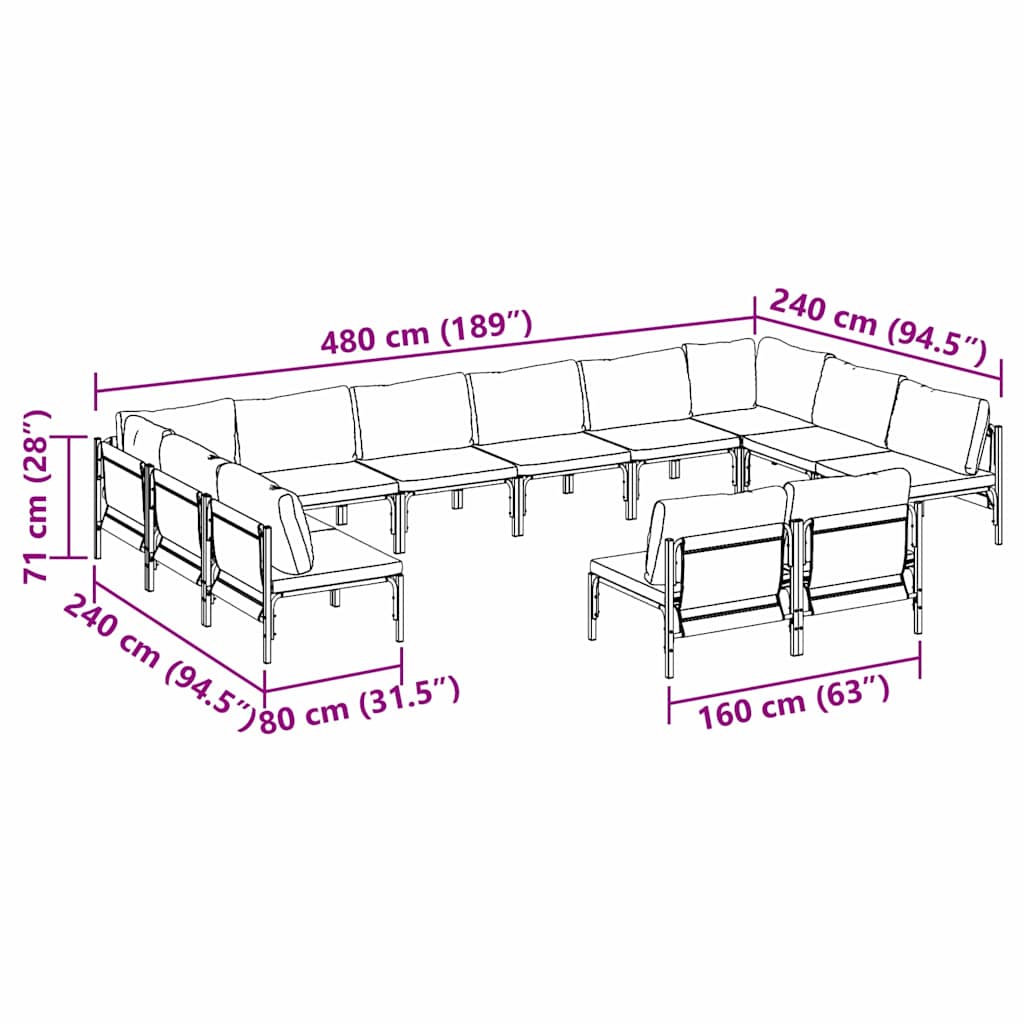 Gartensofa-set mit Kissen 12 pcs Schwarz Stahl