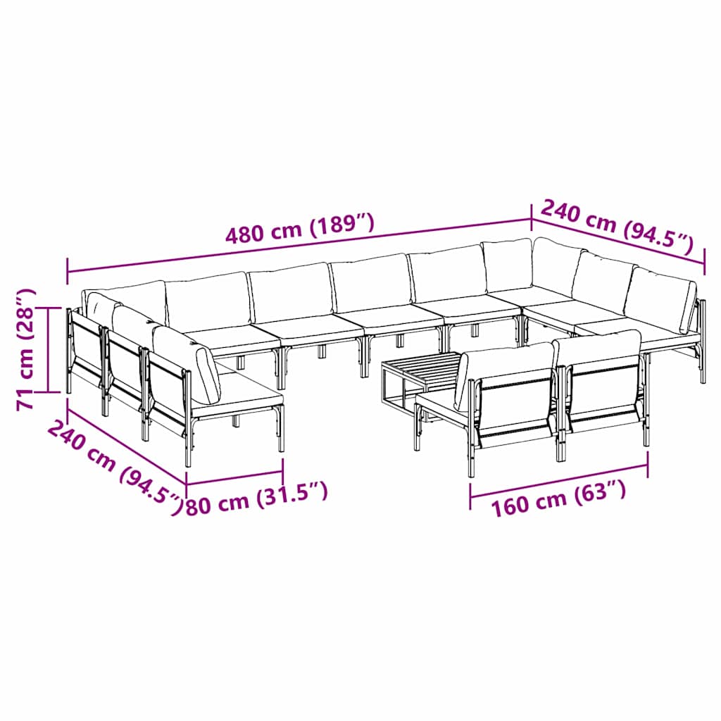 Gartensofa-set mit Kissen 13 pcs Schwarz Stahl