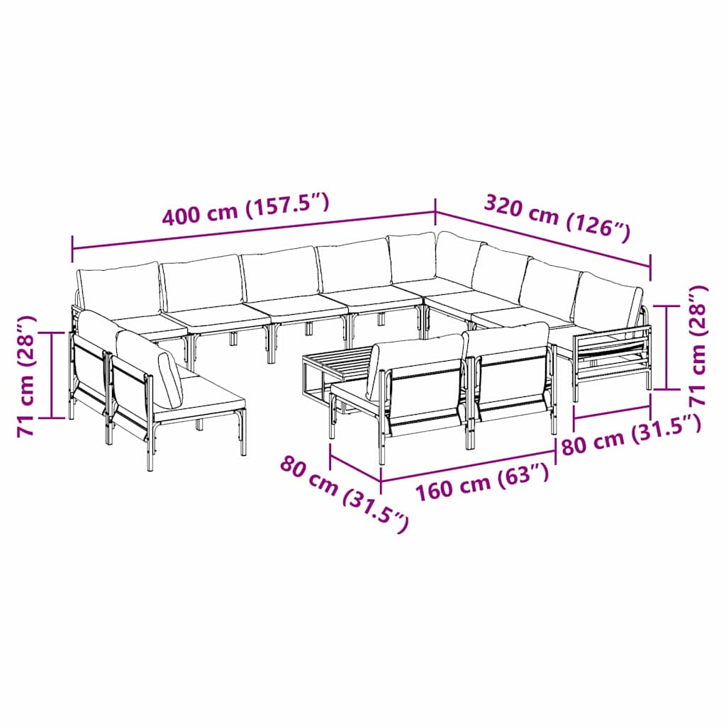 Gartensofa-set mit Kissen 13 pcs Schwarz Stahl