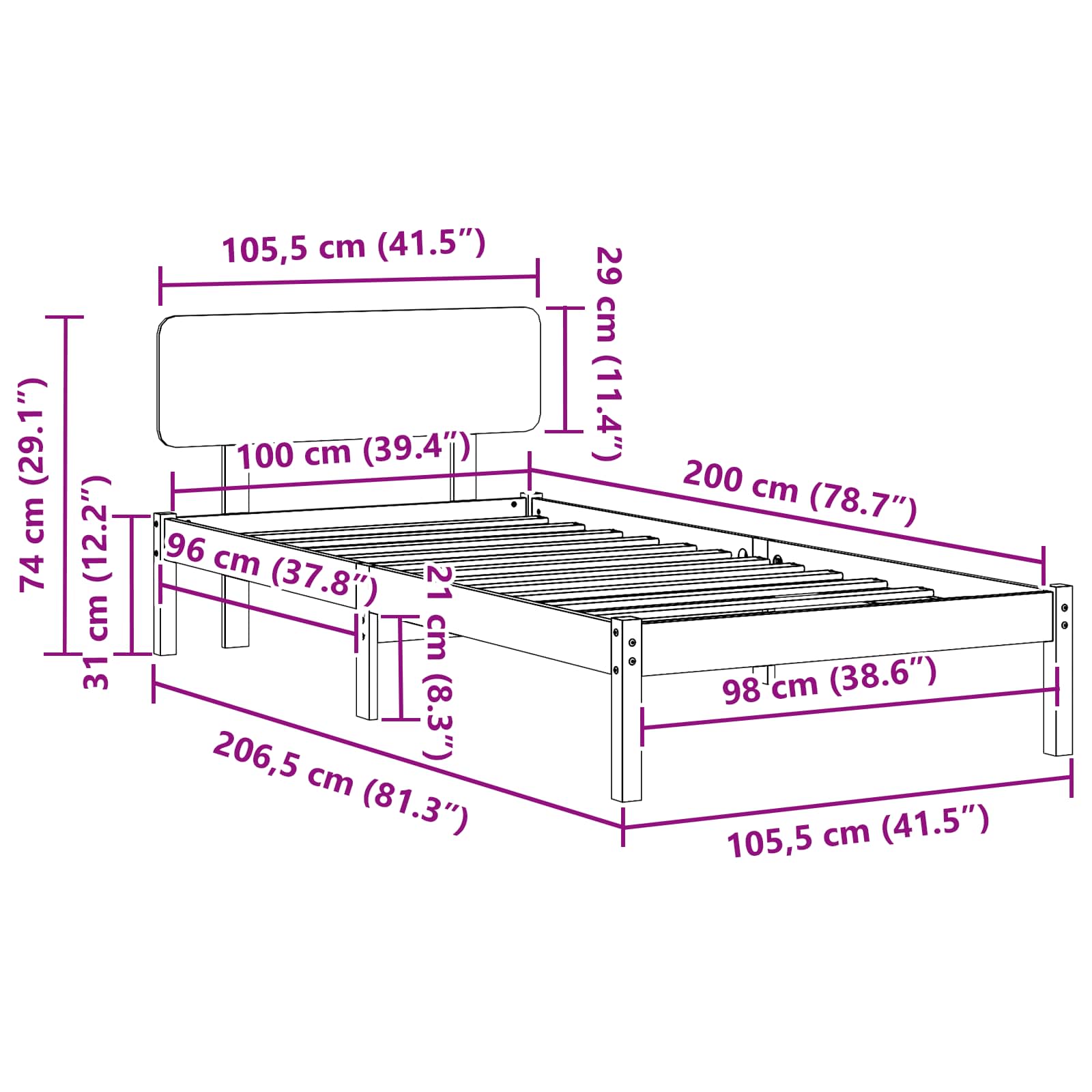 Bettrahmen Wachsbraun 100 x 200 cm Massives Kiefernholz