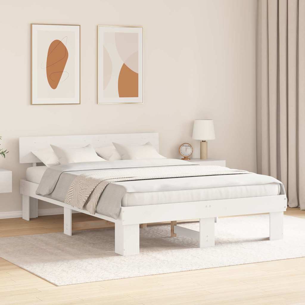 Bettrahmen mit Kopfteil Weiß 140 x 200 cm Massives Kiefernholz