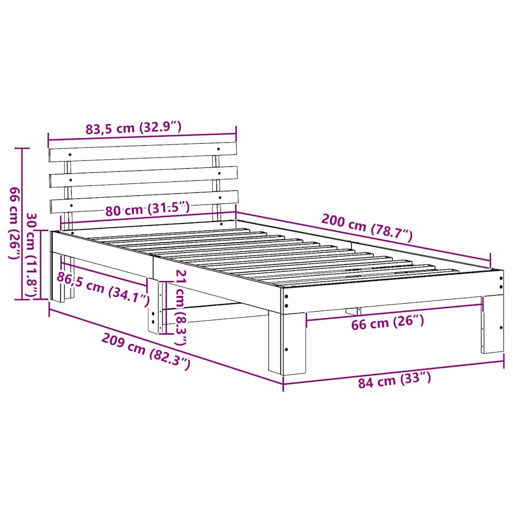 Bettrahmen Wachsbraun 80 x 200 cm Massives Kiefernholz