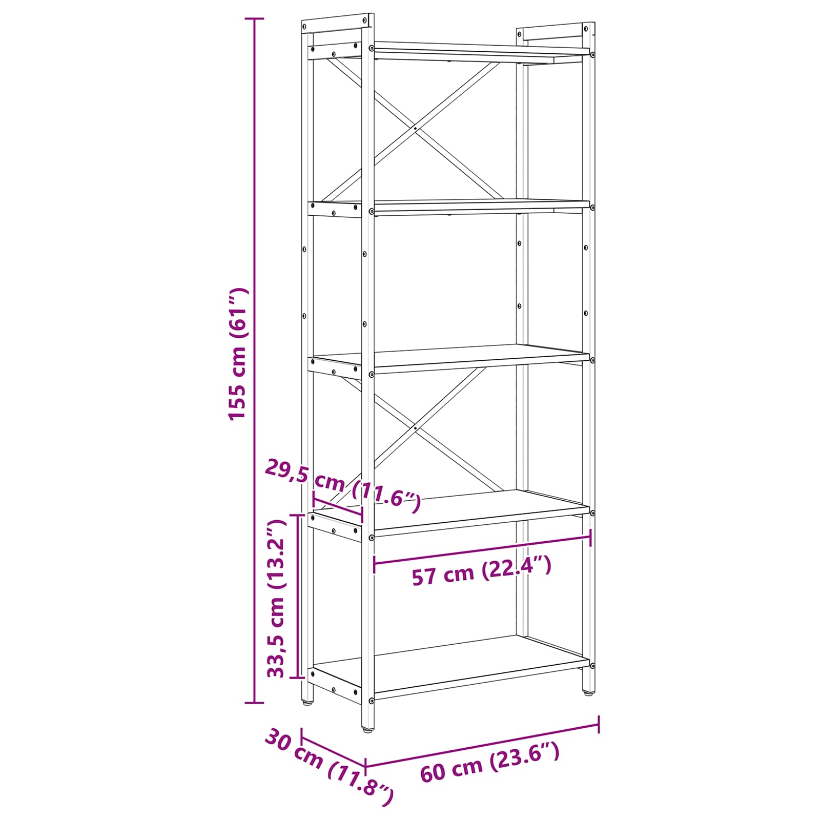 Bücherregal Schwarz Eichen-Optik 60 x 30 x 155 cm Holzwerkstoff