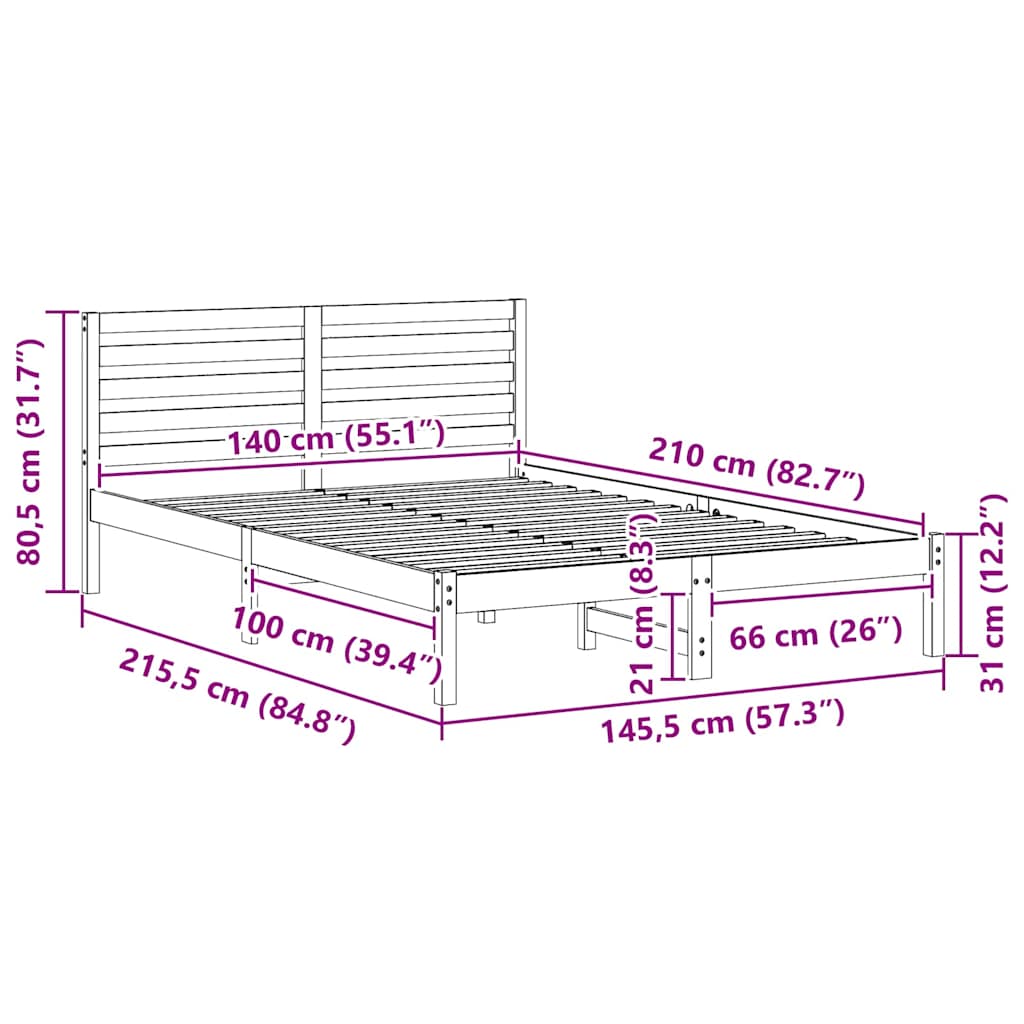Bettrahmen Wachsbraun 140 x 210 cm Massives Kiefernholz