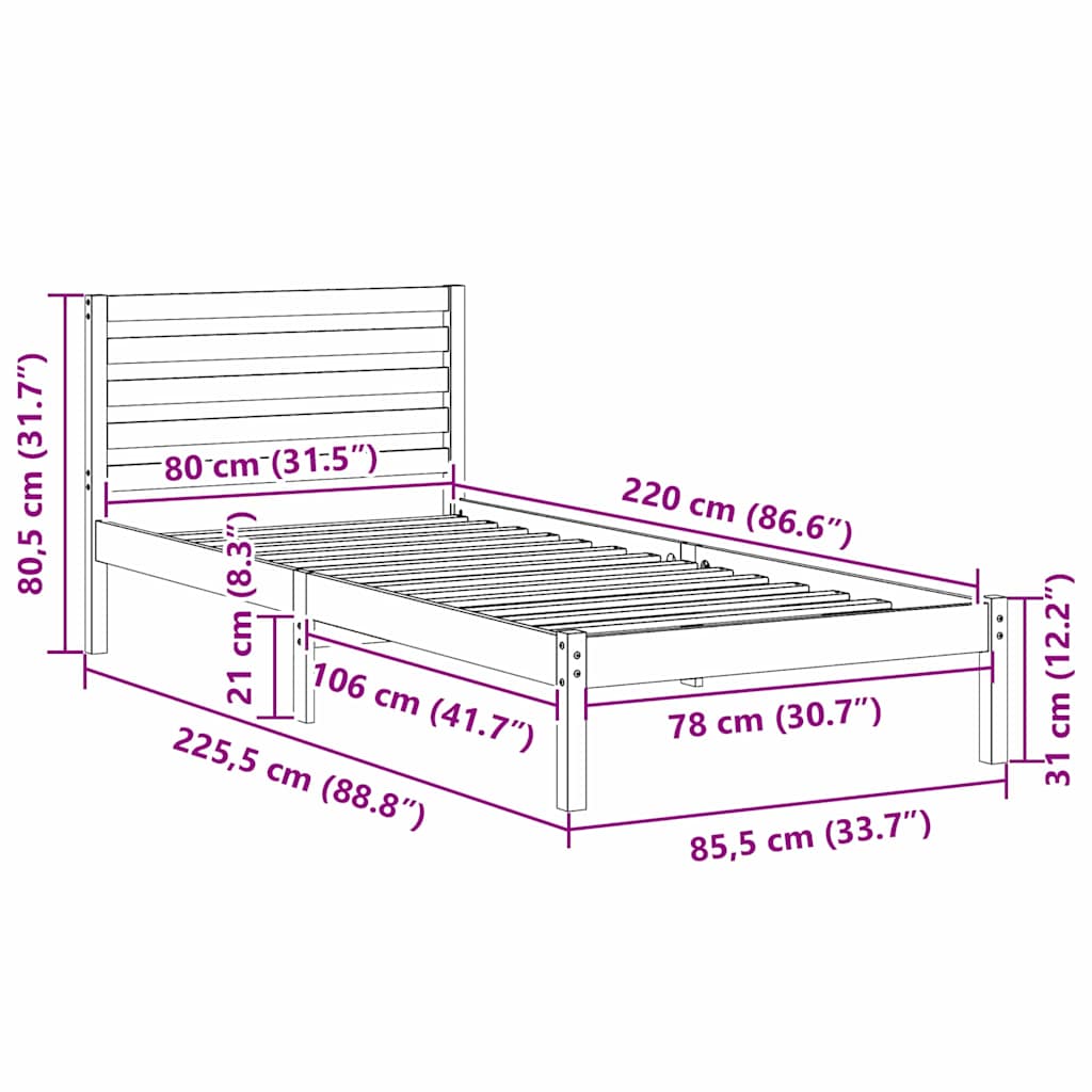Bettrahmen mit Kopfteil Braun 80 x 220 cm Massives Kiefernholz