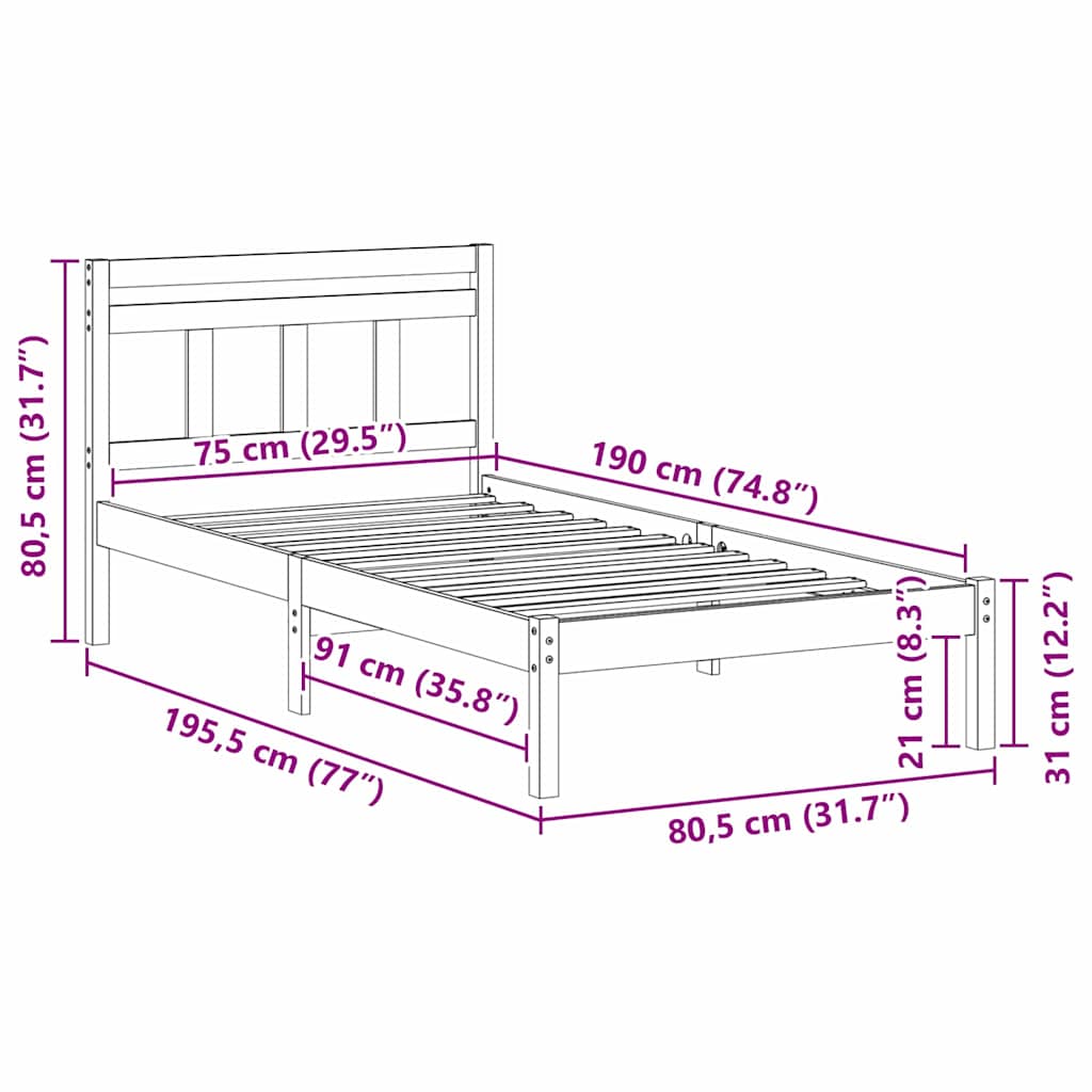 Bettrahmen Braun 75 x 190 cm Massives Kiefernholz