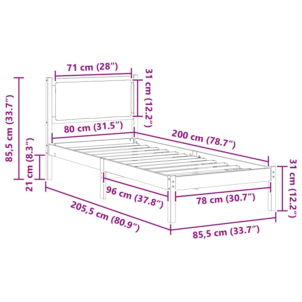 Bettrahmen Dunkelgrau 80 x 200 cm Massives Kiefernholz