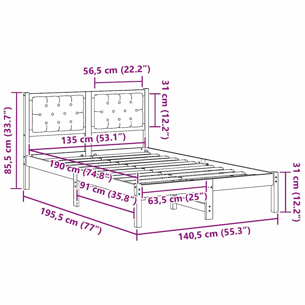 Bettrahmen Dunkelgrau 135 x 190 cm Massives Kiefernholz
