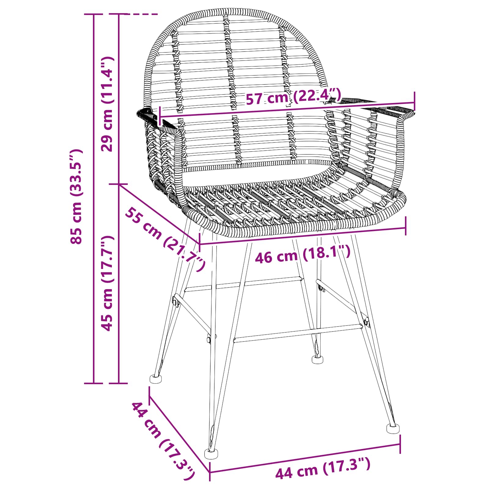 Esszimmerstuhl 2 pcs Rattan und Eisen Schwarz 57 x 55 x 85 cm