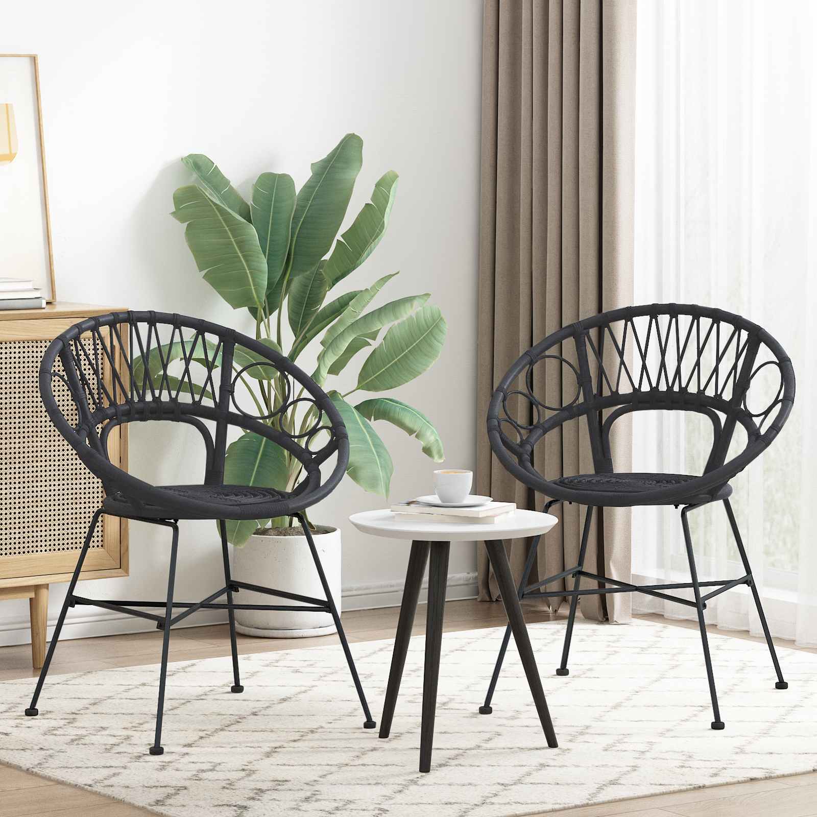 Esszimmerstuhl 2 pcs Rattan und Eisen Schwarz 54 x 65 x 82 cm