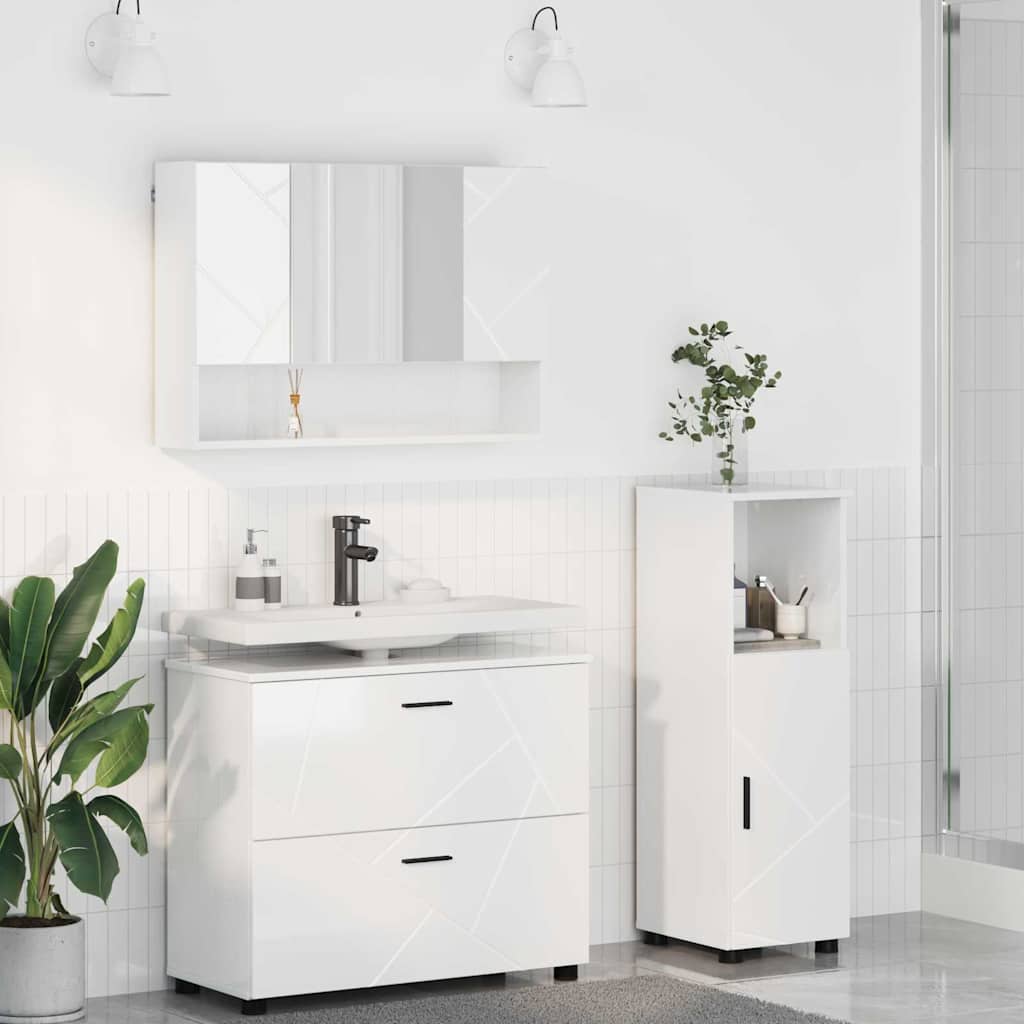Badezimmermöbel-Set 3 pcs Hochglanz Weiß Sperrholz und Metall