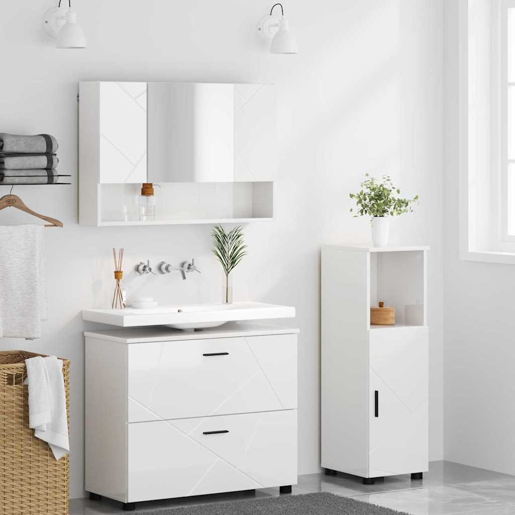 Badezimmermöbel-Set 3 pcs Hochglanz Weiß Sperrholz und Metall