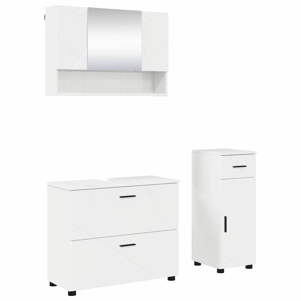 Badezimmermöbel-Set 3 pcs Hochglanz Weiß Sperrholz und Metall