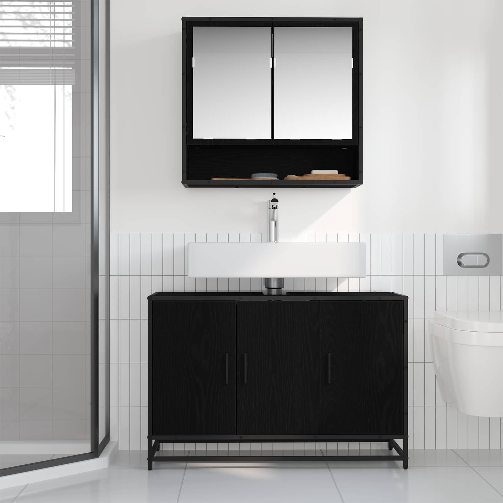 Badezimmerschrank mit Tür Schwarz Eichen-Optik 90 x 33 x 60 cm