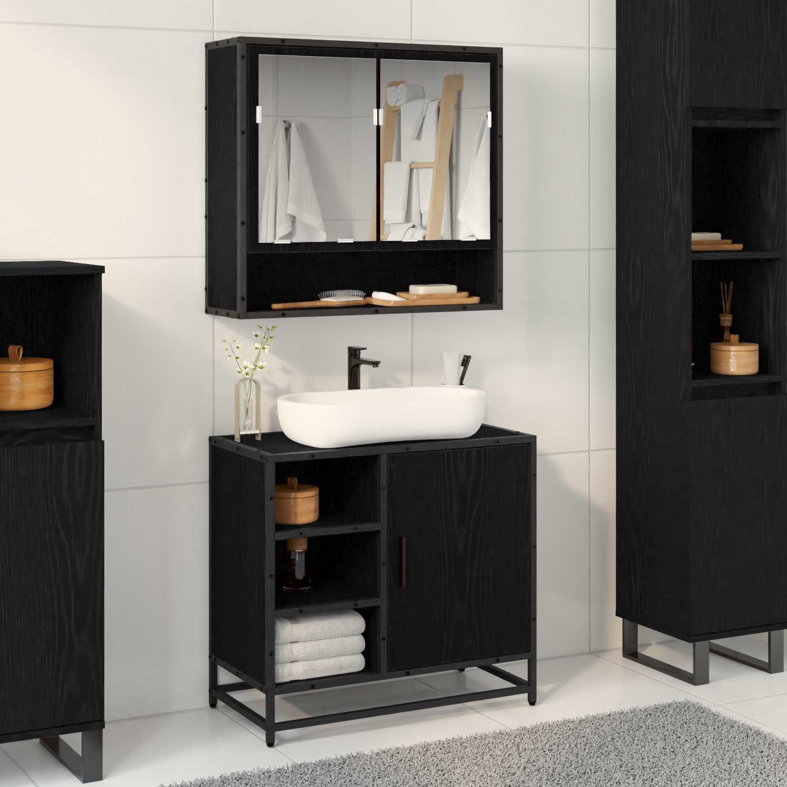 Badezimmerschrank mit Tür Schwarz Eichen-Optik 65 x 33 x 60 cm