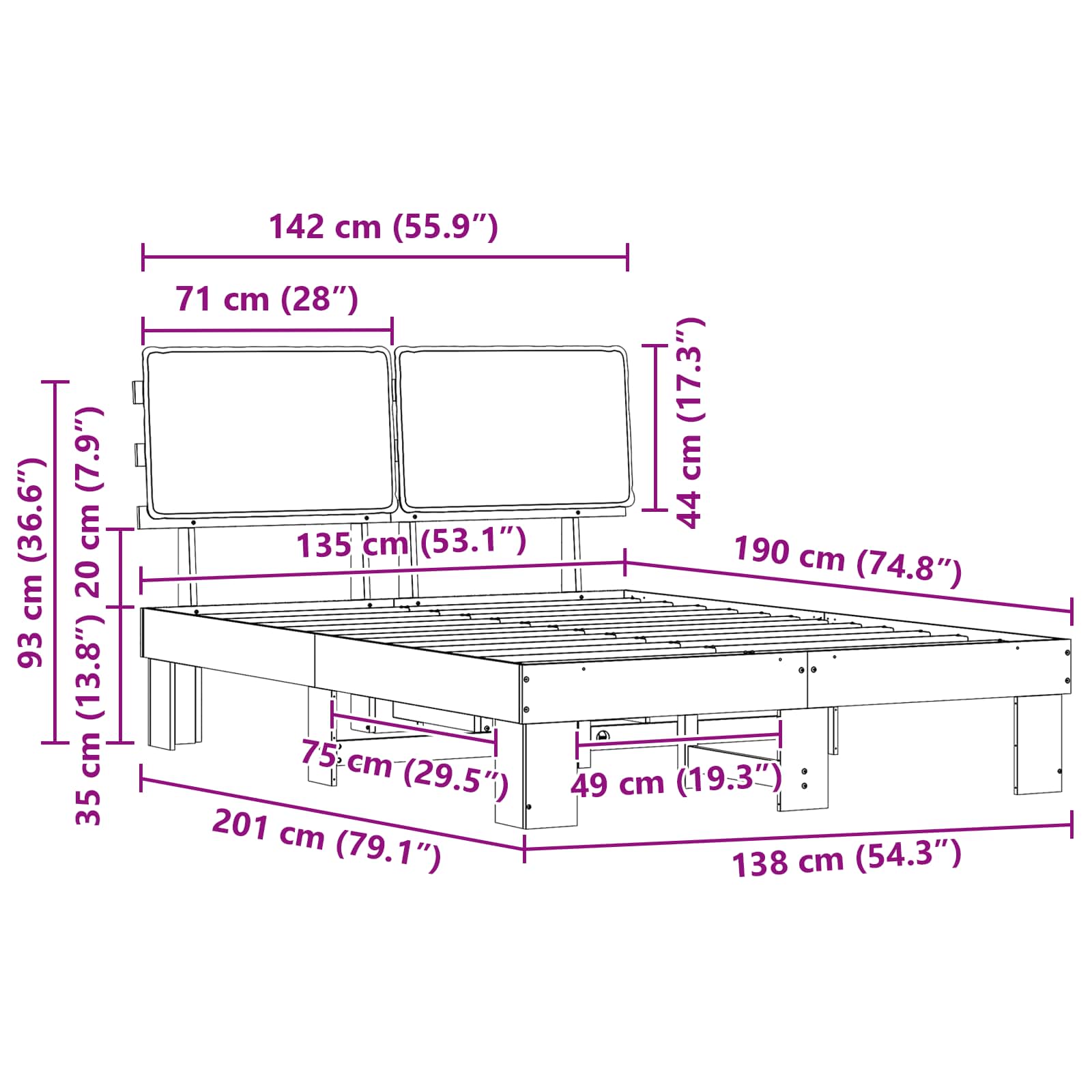 Bettgestell mit gepolstertem Kopfteil Hellgrau 135 x 190 cm