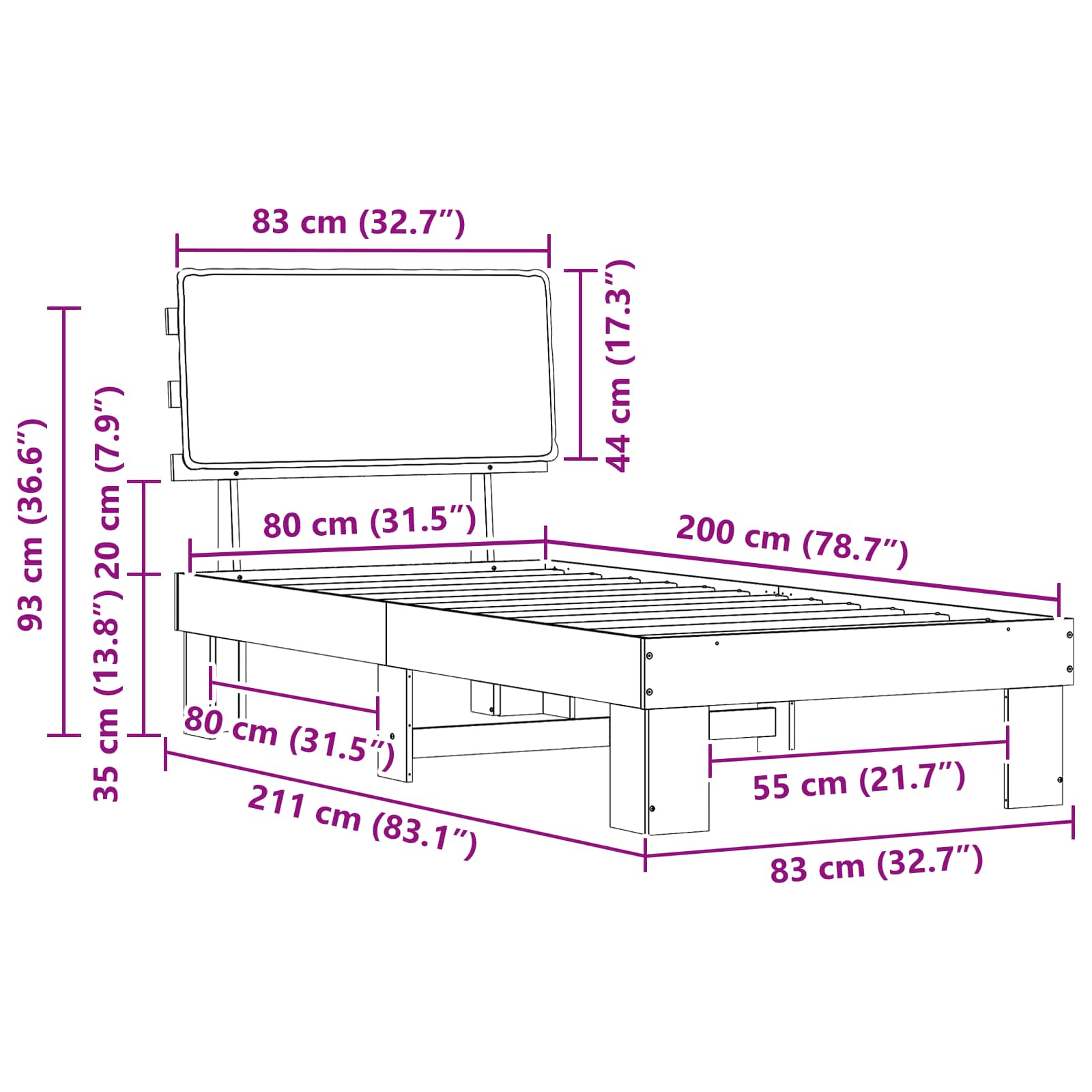 Bettgestell mit gepolstertem Kopfteil Hellgrau 80 x 200 cm